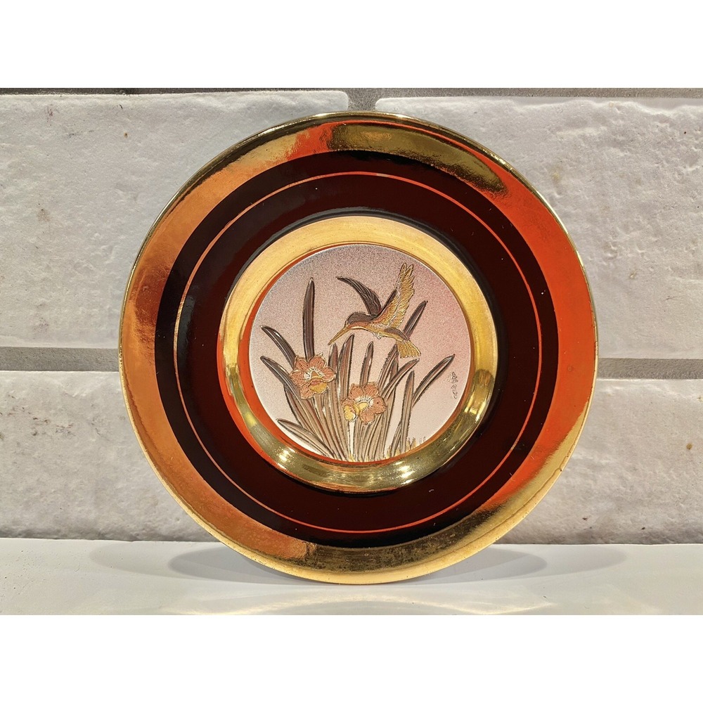 Chokin Art 24kt gold‎ Black Hummingbird plate